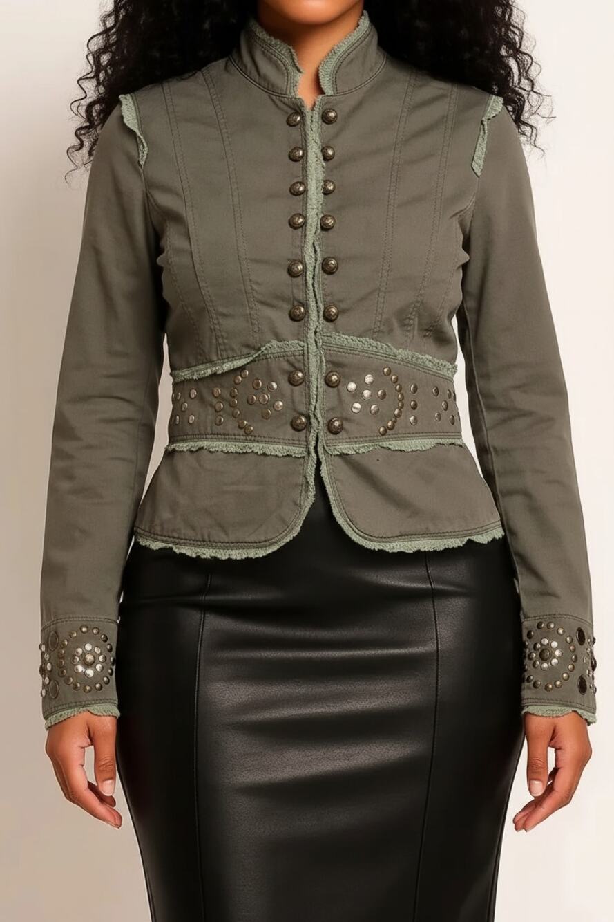 Miss Me Women's Military Style Studded Y2K Jacket Boho Brown M